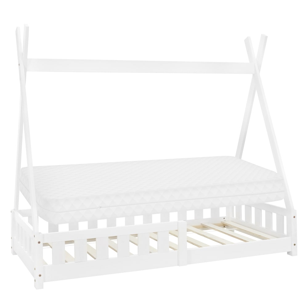 Lit tipi enfant 80x160 cm matelas et barrière inclus bois de pin blanc