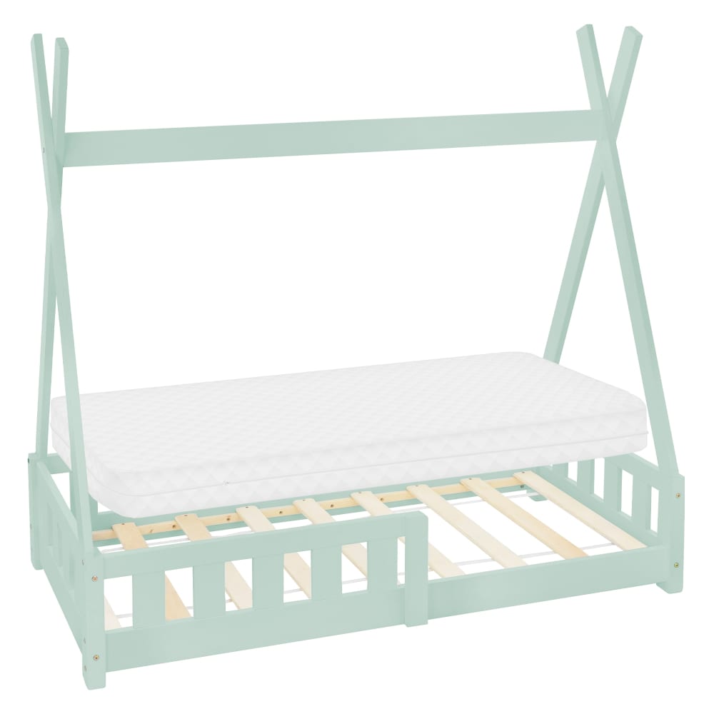 Lit tipi enfant 70x140 cm sommier matelas et barrière inclus menthe