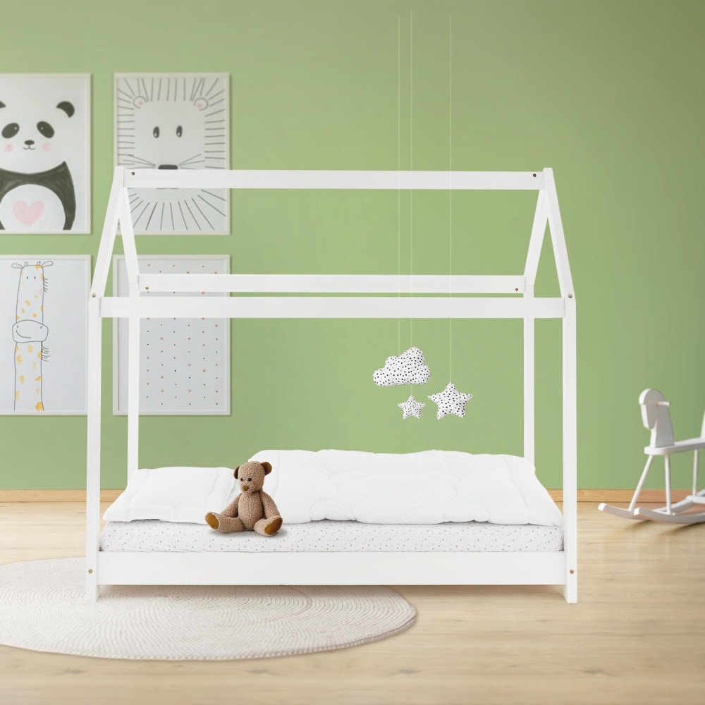 Lettino casa bambini 80x160 cm bianco in legno pino massiccio -