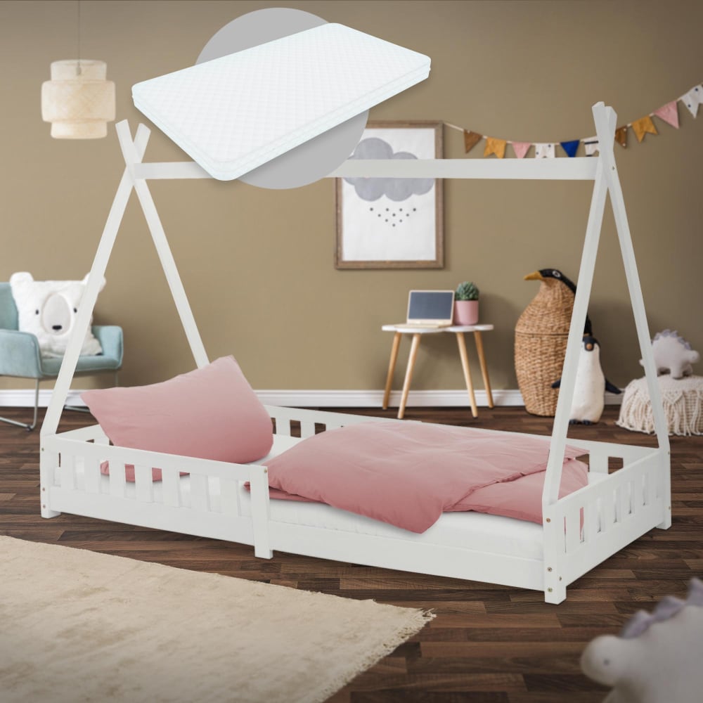 Lit tipi enfant 90x200cm sommier matelas et barrière inclus bois blanc