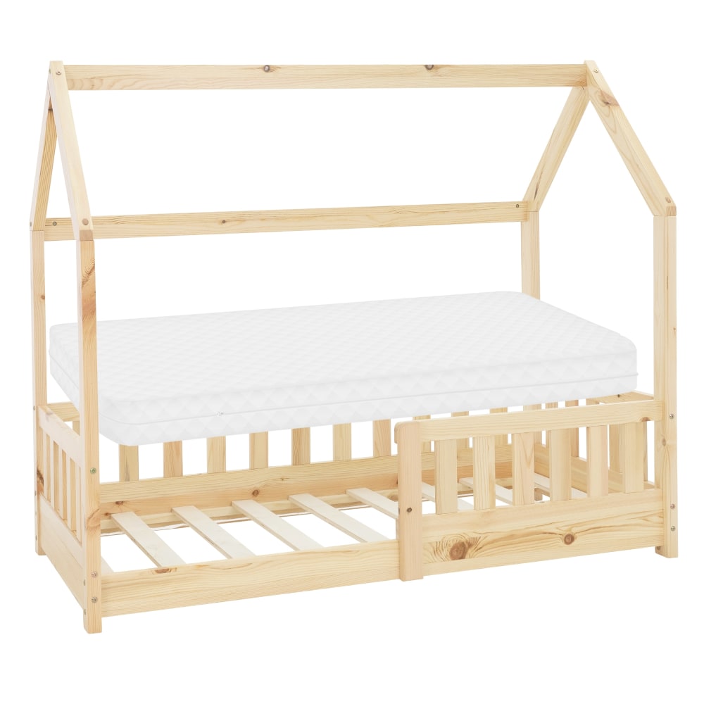 ML-Design Kinderbett mit Dach und Matratze 70x140 cm, Natur, aus Kiefernholz Braun Öko-Tex Zertifikat Baby