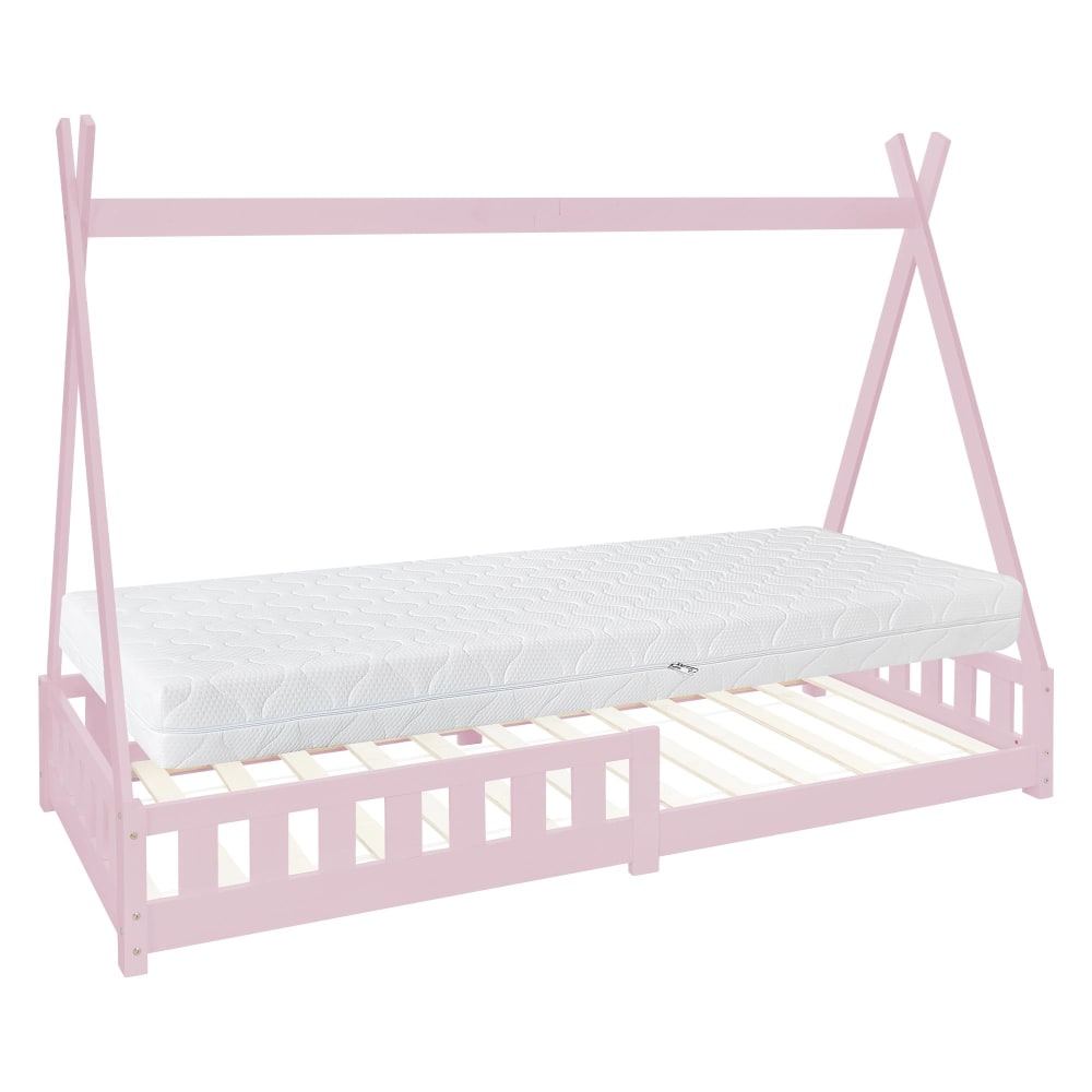 Lit tipi enfant 90x200 cm sommier matelas et barrière inclus bois rose