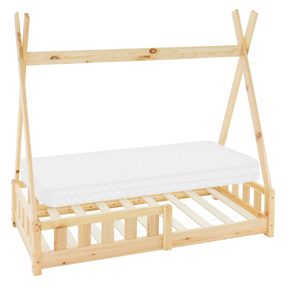 Lit tipi enfant 70x140 cm sommier matelas et barrière inclus beige