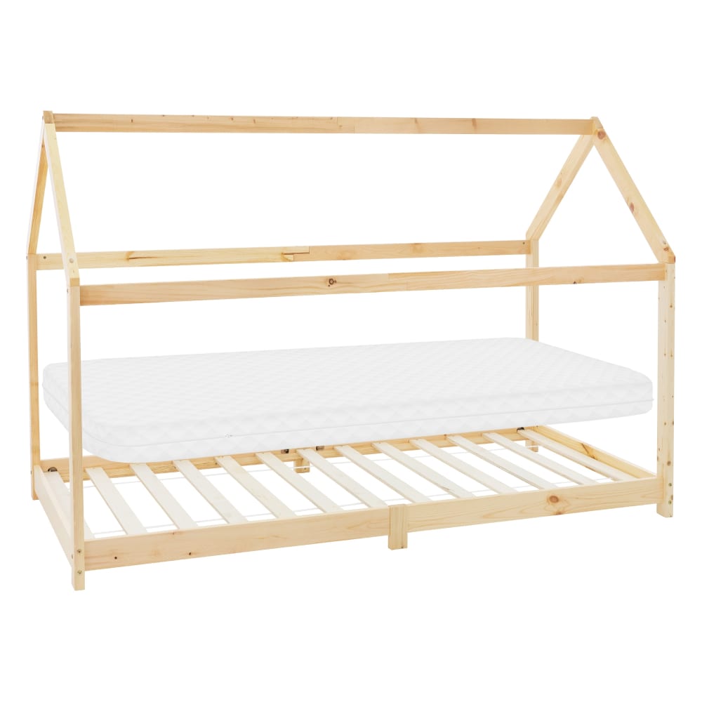 Lit cabane enfant 90x200 cm matelas et sommier inclus bois beige