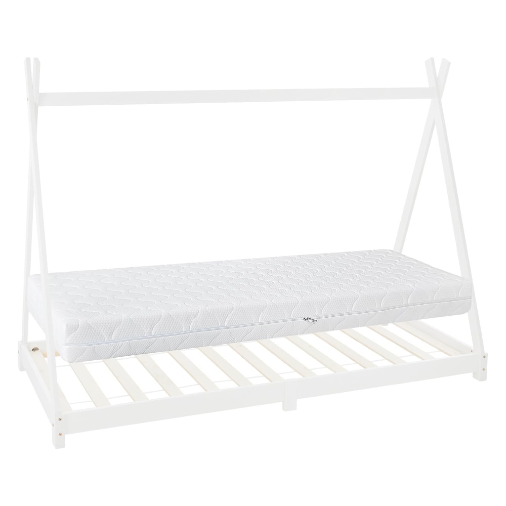 Lit tipi enfant 90x200 cm matelas et sommier inclus bois de pin blanc