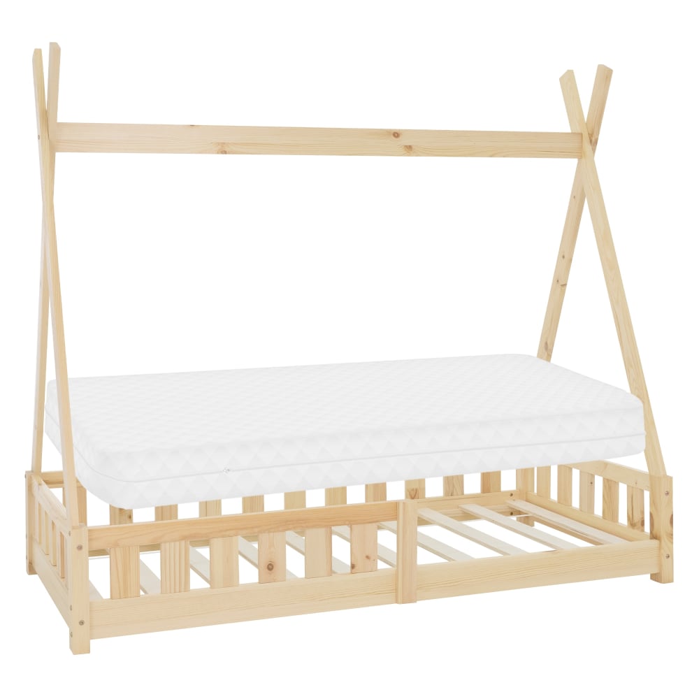 Lit tipi enfant 80x160 cm matelas et barrière inclus bois de pin beige