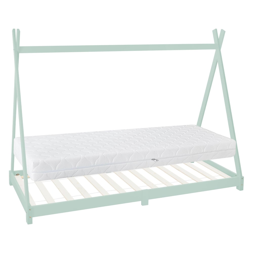 Lit tipi enfant 90x200 cm matelas et sommier inclus bois de pin menthe