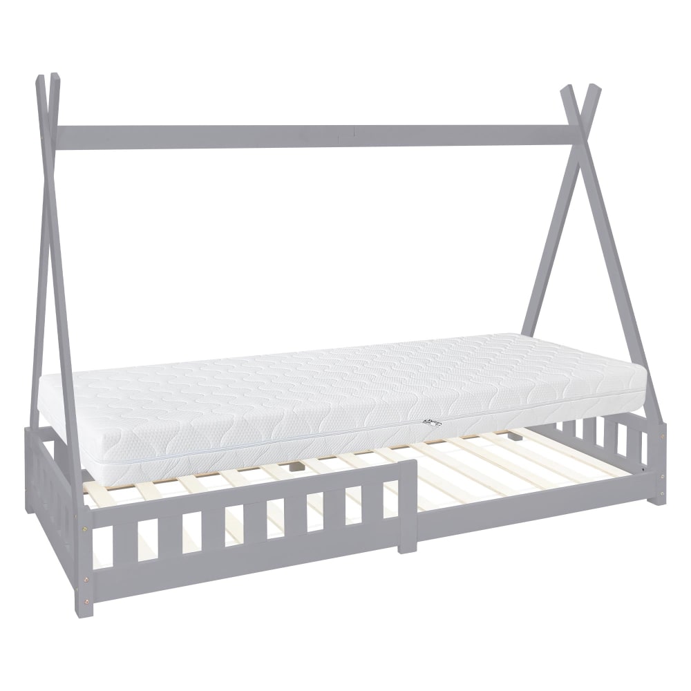 Lit tipi enfant 90x200cm sommier matelas et barrière inclus gris clair