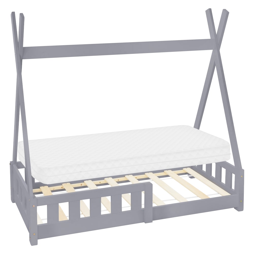 Lit tipi enfant 70x140cm sommier matelas et barrière inclus gris clair