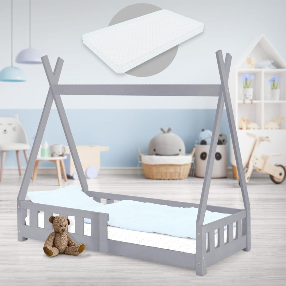Letto tenda per bambini 70x140 cm grigio con materasso e sponde -
