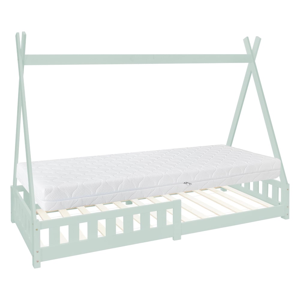 Lit tipi enfant 90x200 cm sommier matelas et barrière inclus menthe