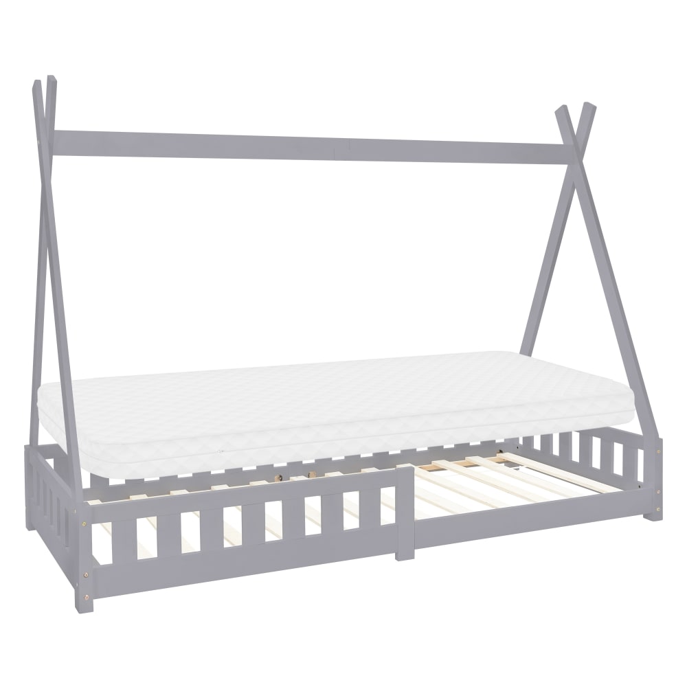Lit tipi enfant 90x200cm sommier matelas et barrière inclus gris clair