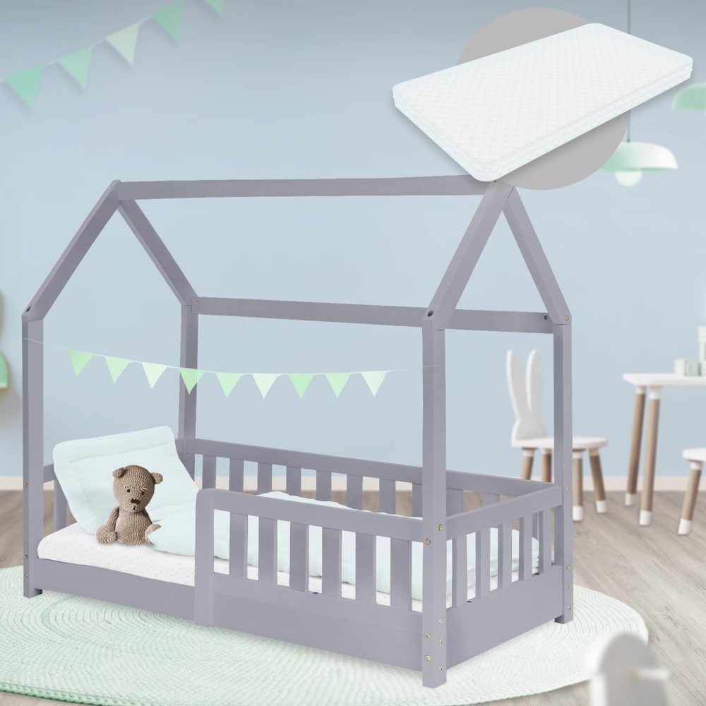 Lit cabane enfant 70x140 cm matelas et barrière inclus bois gris clair