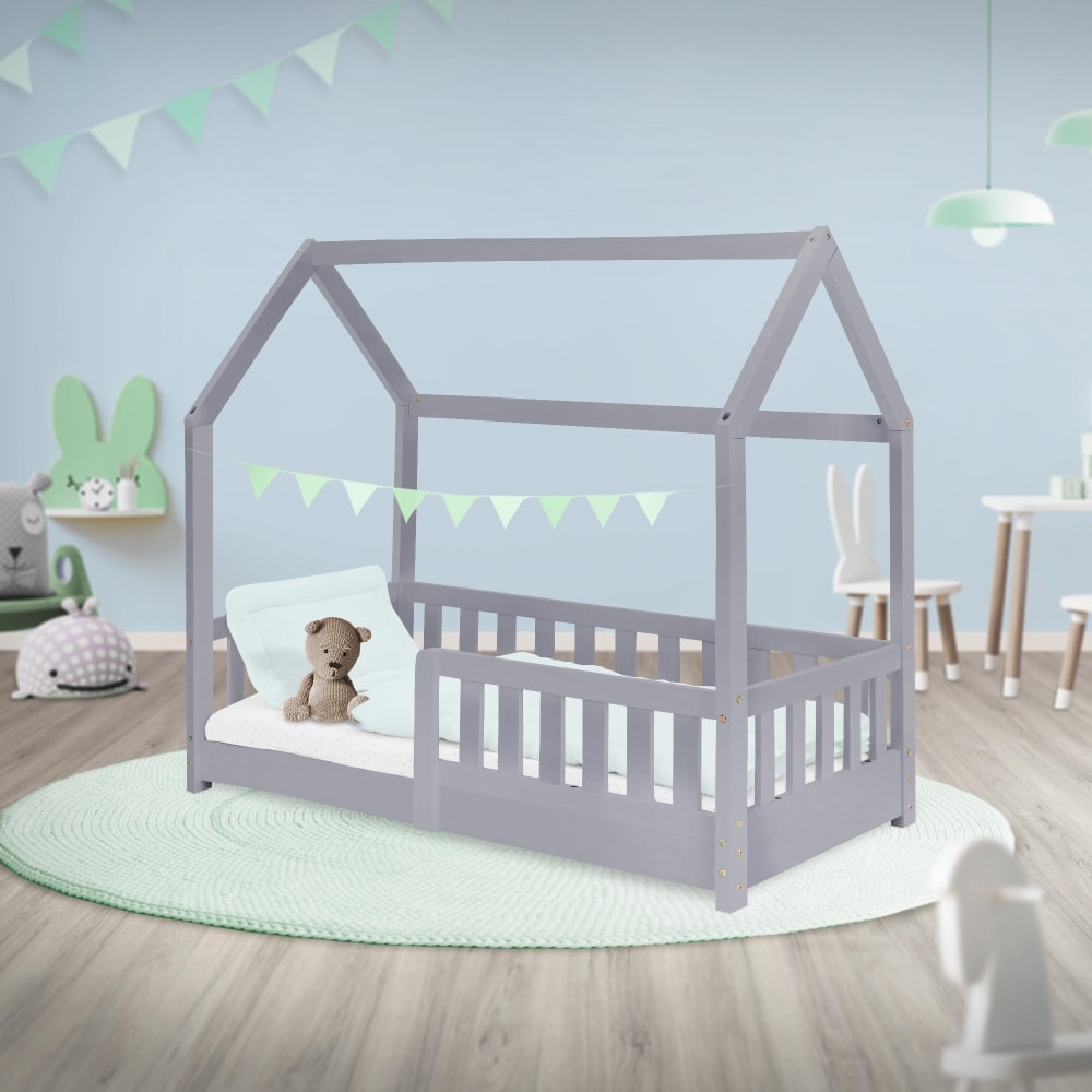 Lit cabane enfant 70x140 cm sommier et barrière inclus bois gris clair
