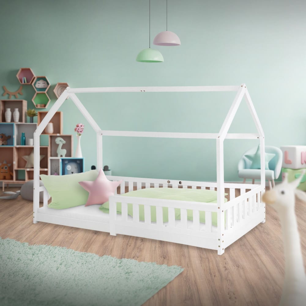 Lit cabane enfant 90x200 cm sommier et barrière inclus bois blanc