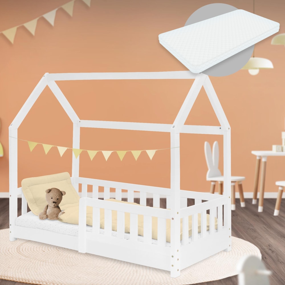 Lit cabane enfant 70x140 cm matelas et barrière inclus bois blanc