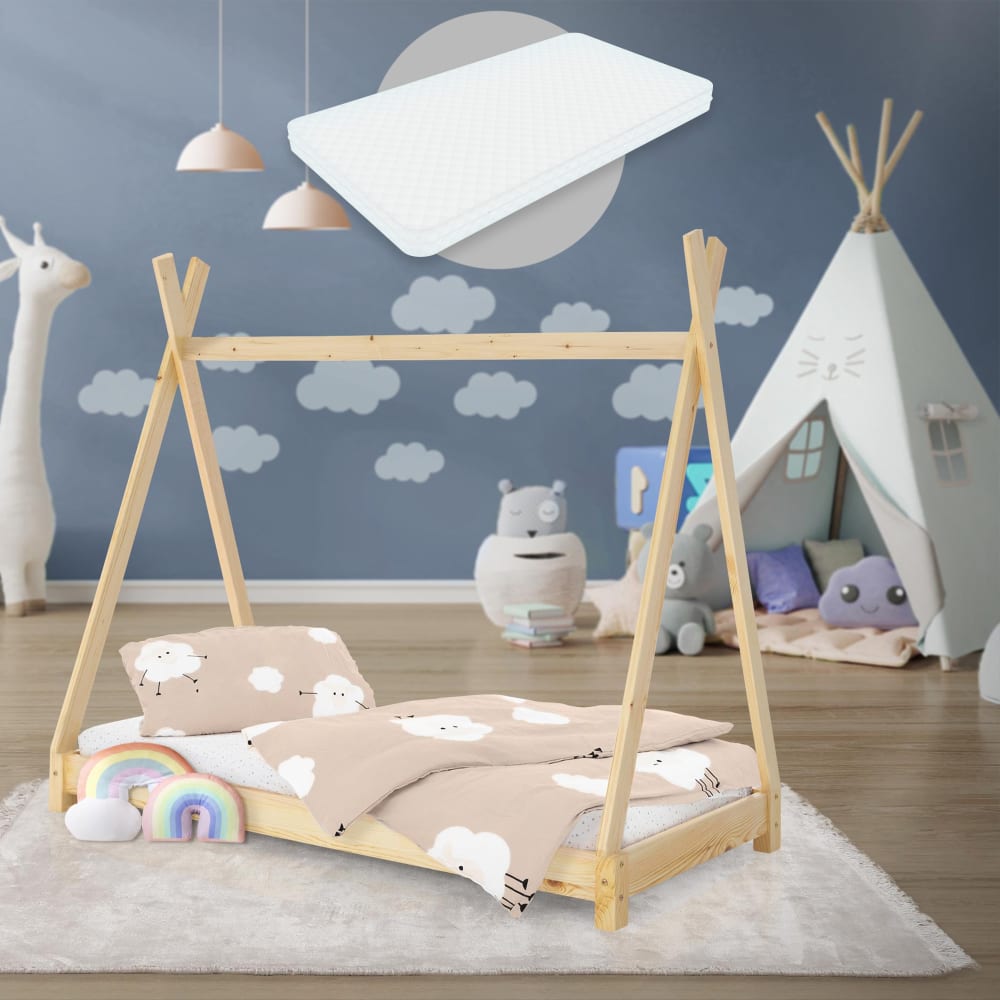 Kinderbett Tipi mit Matratze, 70x140 cm, Natur, aus Kiefernholz -