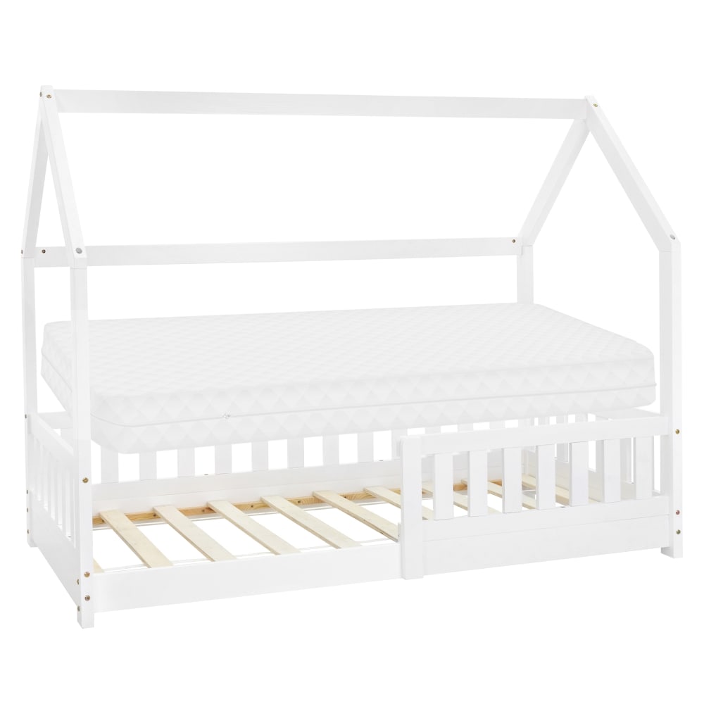 Lit cabane enfant 80x160 cm sommier matelas et barrière inclus blanc