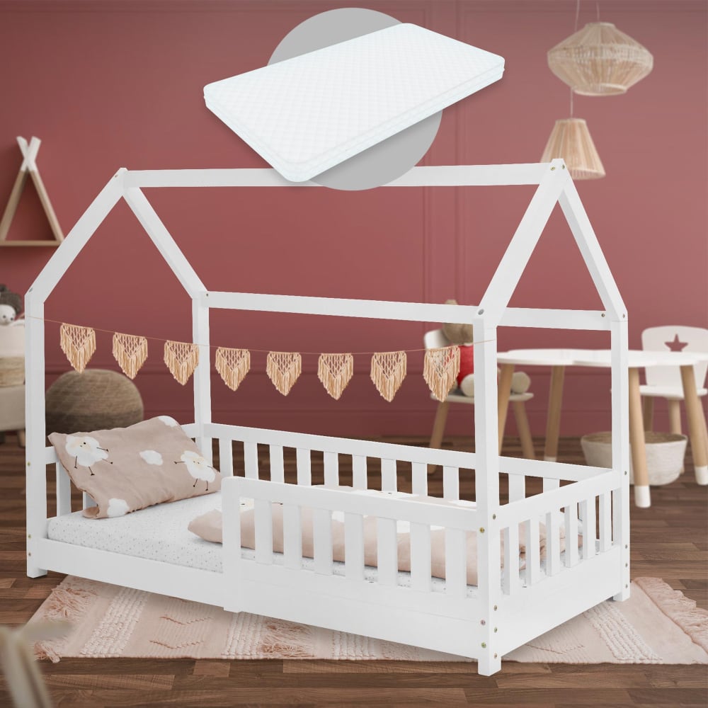 Lit cabane enfant 80x160 cm sommier matelas et barrière inclus blanc