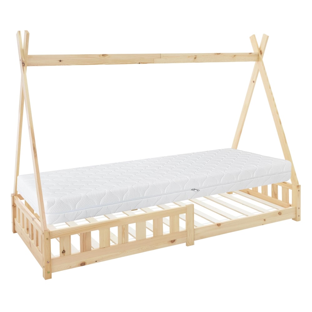 Lit tipi enfant 90x200cm sommier matelas et barrière inclus bois beige