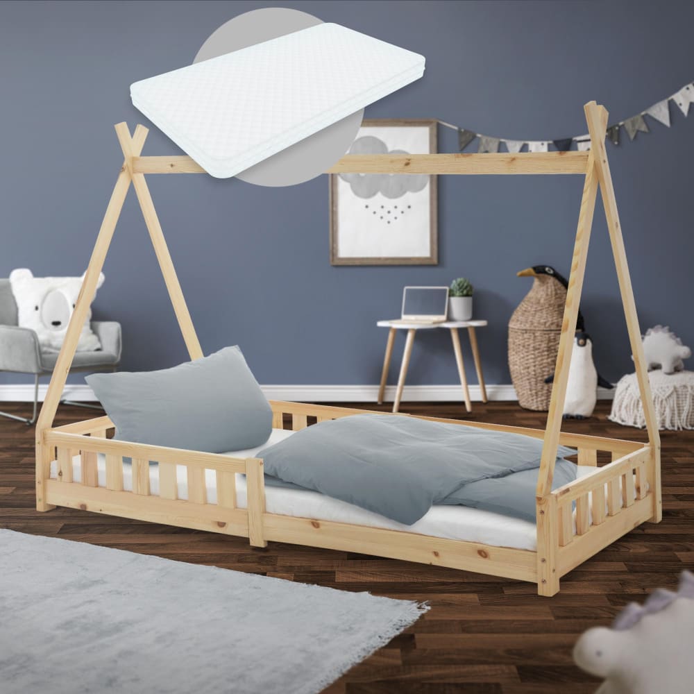 Kinderbett Tipi + Matratze 90x200 cm Natur Rausfallschutz