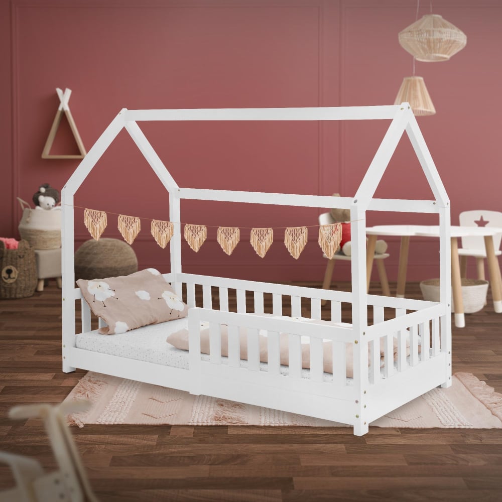 Lit cabane enfant 80x160 cm sommier et barrière inclus bois blanc
