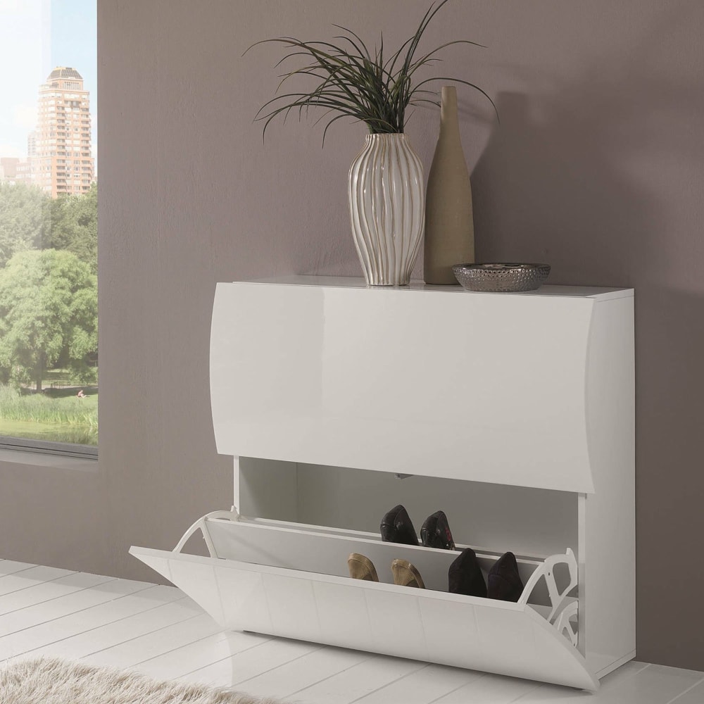 Meuble à chaussures effet bois blanc brillant 101x27 cm - Maisons du Monde