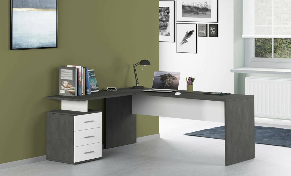 Bureau effet bois ardoise, blanc brillant 160x60 cm
