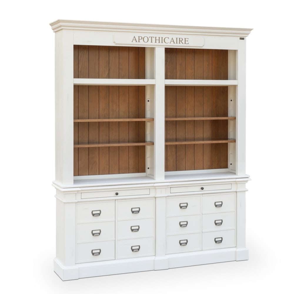 Bibliothèque style classique en pin, 4 portes, 2 tirettes blanche
