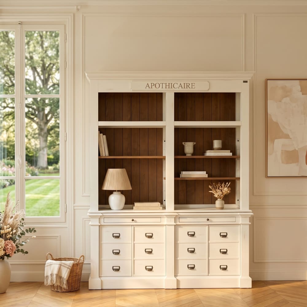 Bibliothèque style classique en pin, 4 portes, 2 tirettes blanche