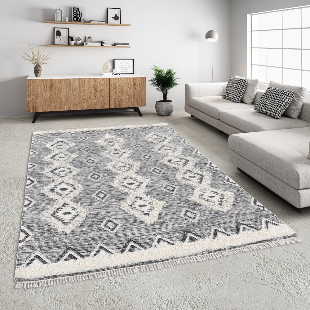 Tapis bohème chic tissé main noir / blanc 170x240 cm — vue 3