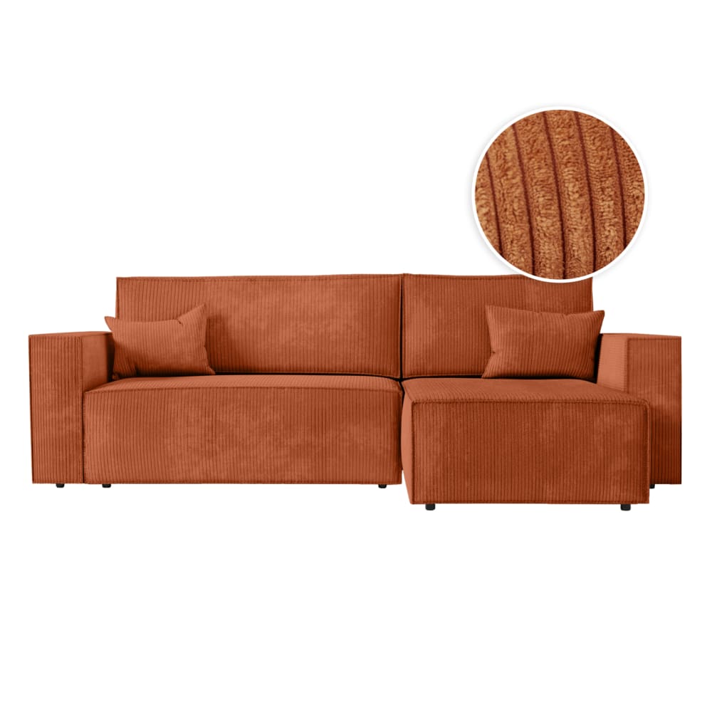 Canapé d'angle convertible avec coffre en velours côtelé - Terracotta