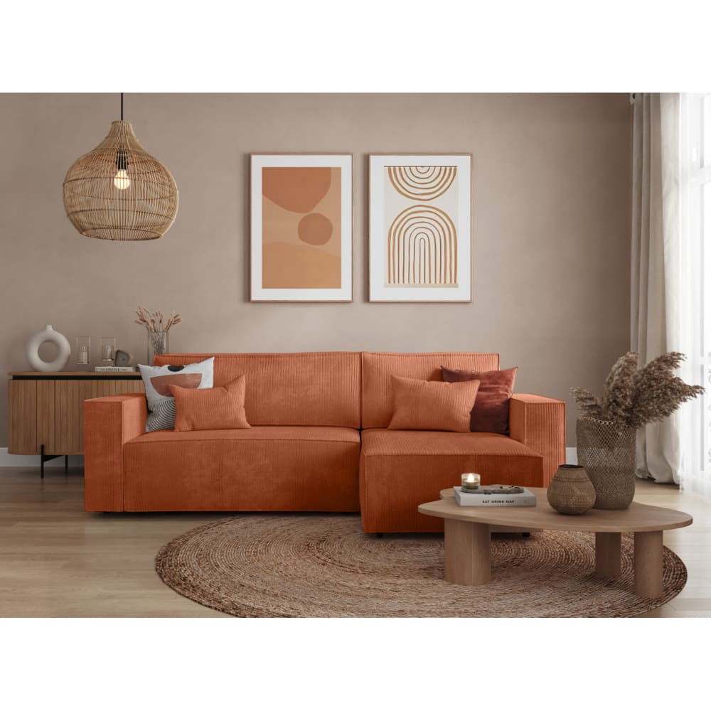 Canapé d'angle convertible avec coffre en velours côtelé - terracotta