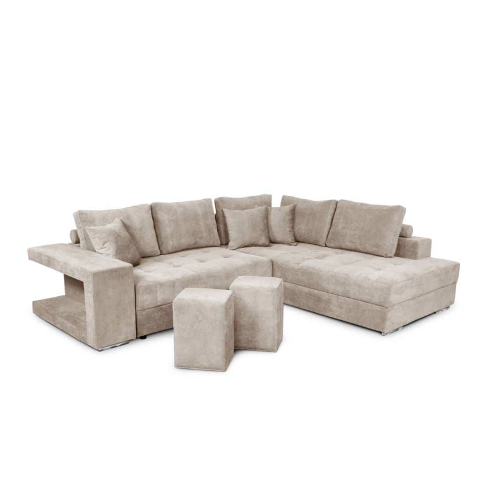Canapé d'angle droit convertible et 2 poufs en tissu - Beige