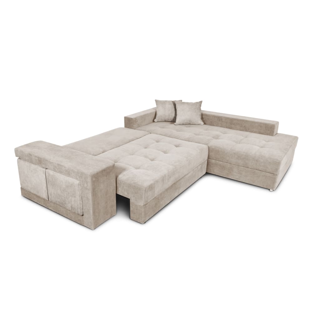 Canapé d'angle droit convertible et 2 poufs en tissu - beige - Maisons du Monde