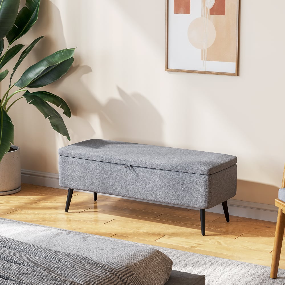 Banc coffre de rangement 2 en 1 piètement acier noir tissu gris
