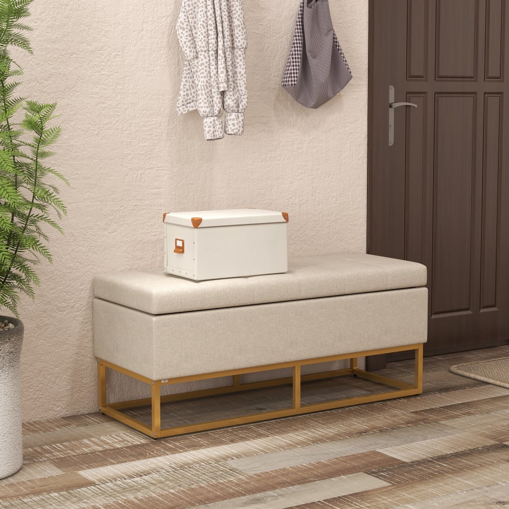 Banquette coffre de rangement acier doré assise capitonnée tissu beige - Maisons du Monde