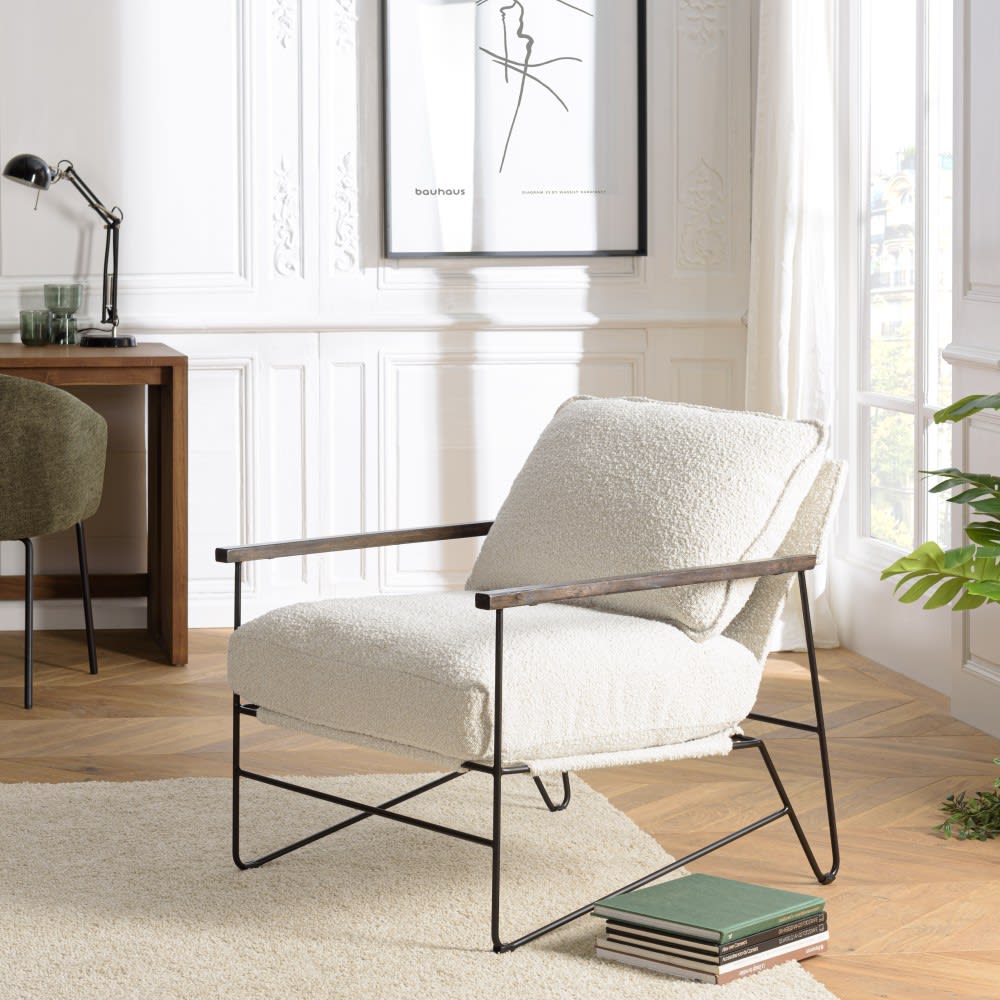 MACABANE Sessel mit 1 Kissen aus Stoff und Metallstruktur style landhaus Weiß Stoff