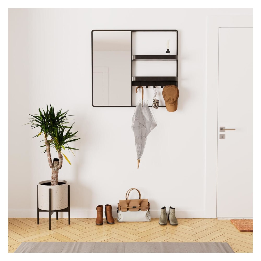 Miroir d'entrée en métal noir 90x80cm - avec rangement et patères