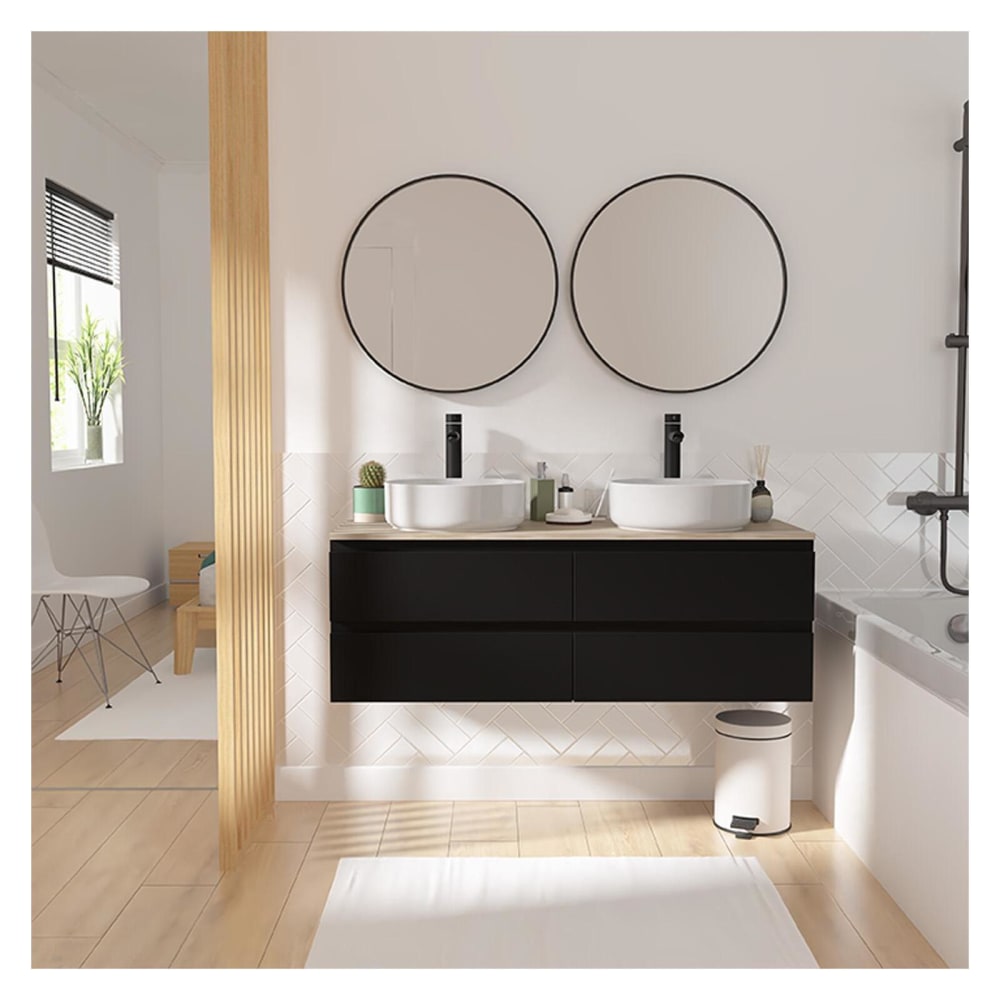 Meuble double vasque 120cm avec plan bois  Blanc+vasque+robinet+miroir