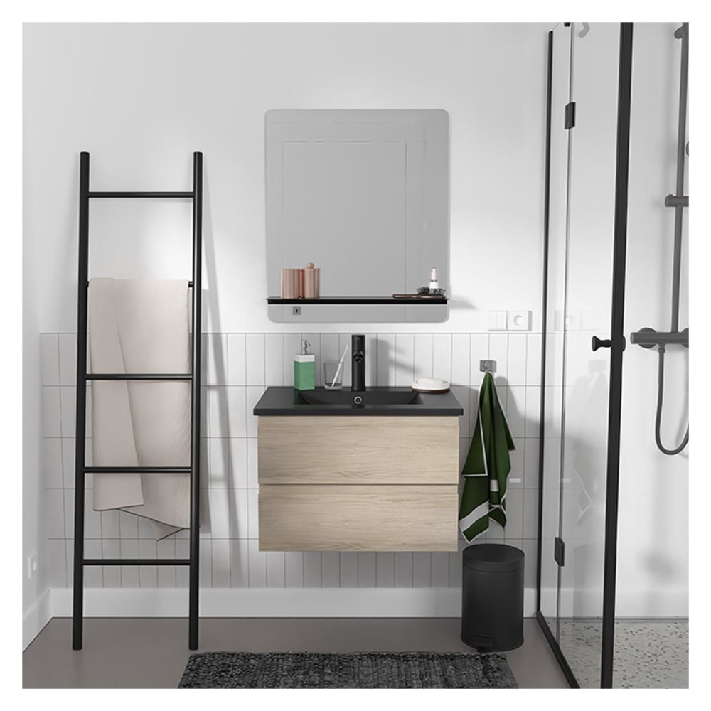 Meuble simple vasque 60cm  chêne+vasque noire+robinet+miroir rectangle