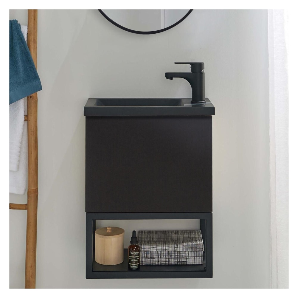 Meuble lave-mains suspendu métal et bois avec vasque en résine 40x50cm