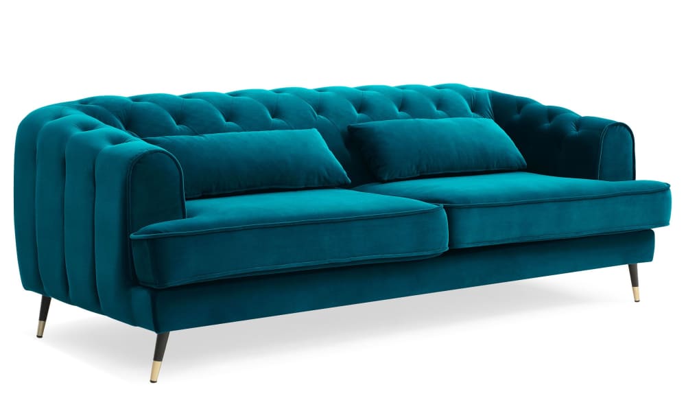 Canapé capitonné 3 places style boudoir velours bleu canard