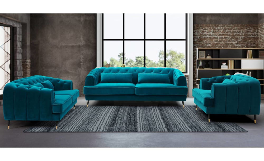 Canapé capitonné 3 places style boudoir velours bleu canard