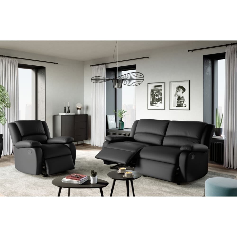 Canapé relax manuel 3 places avec 2 assises XXL en simili - Noir