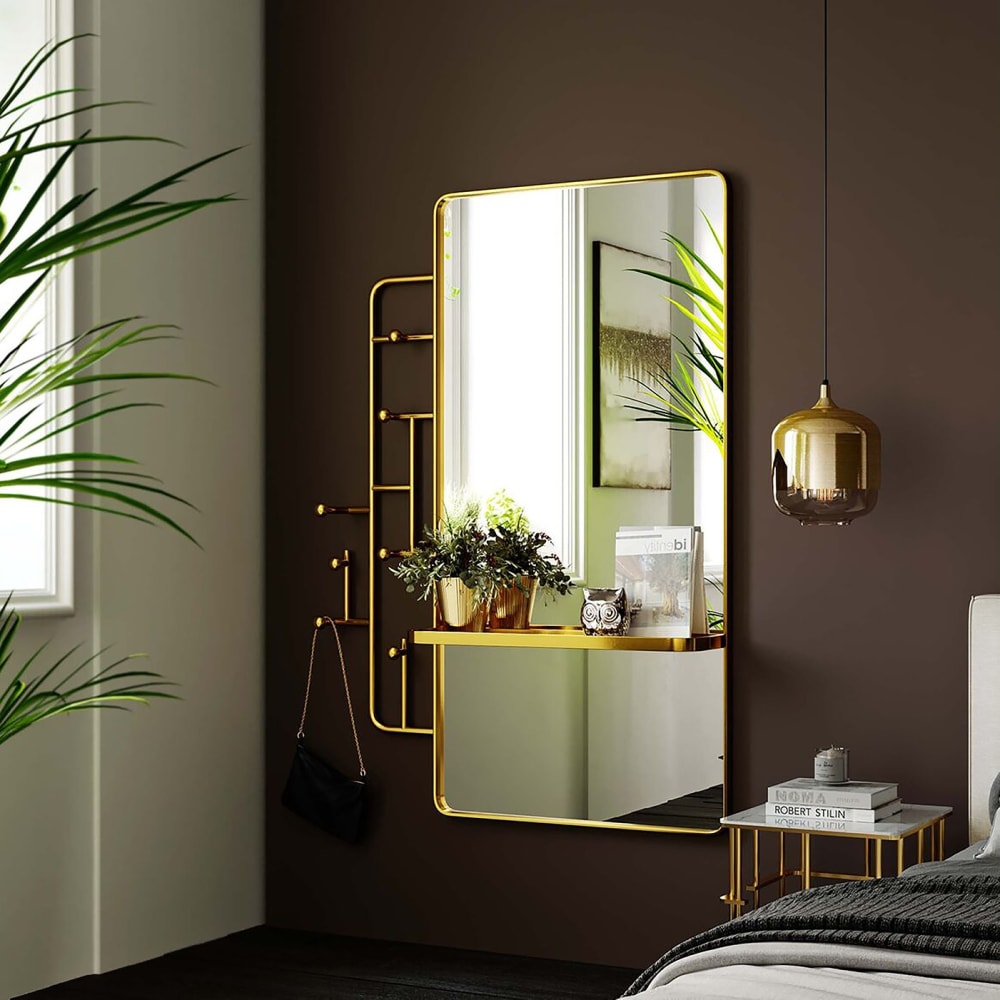 Porte-manteau miroir avec tablette en acier doré - Maisons du Monde