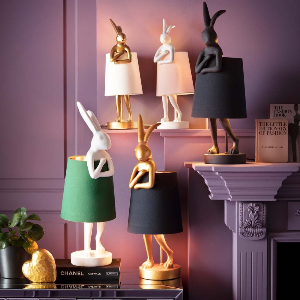 Lampe lapin en polyrésine dorée et lin beige H50