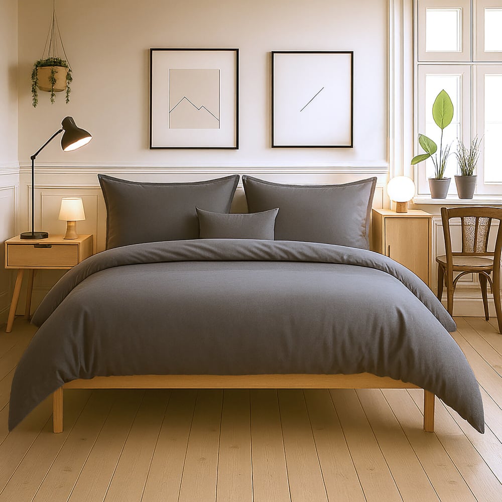 Parure housse de couette coton gris fonce 140x200 cm