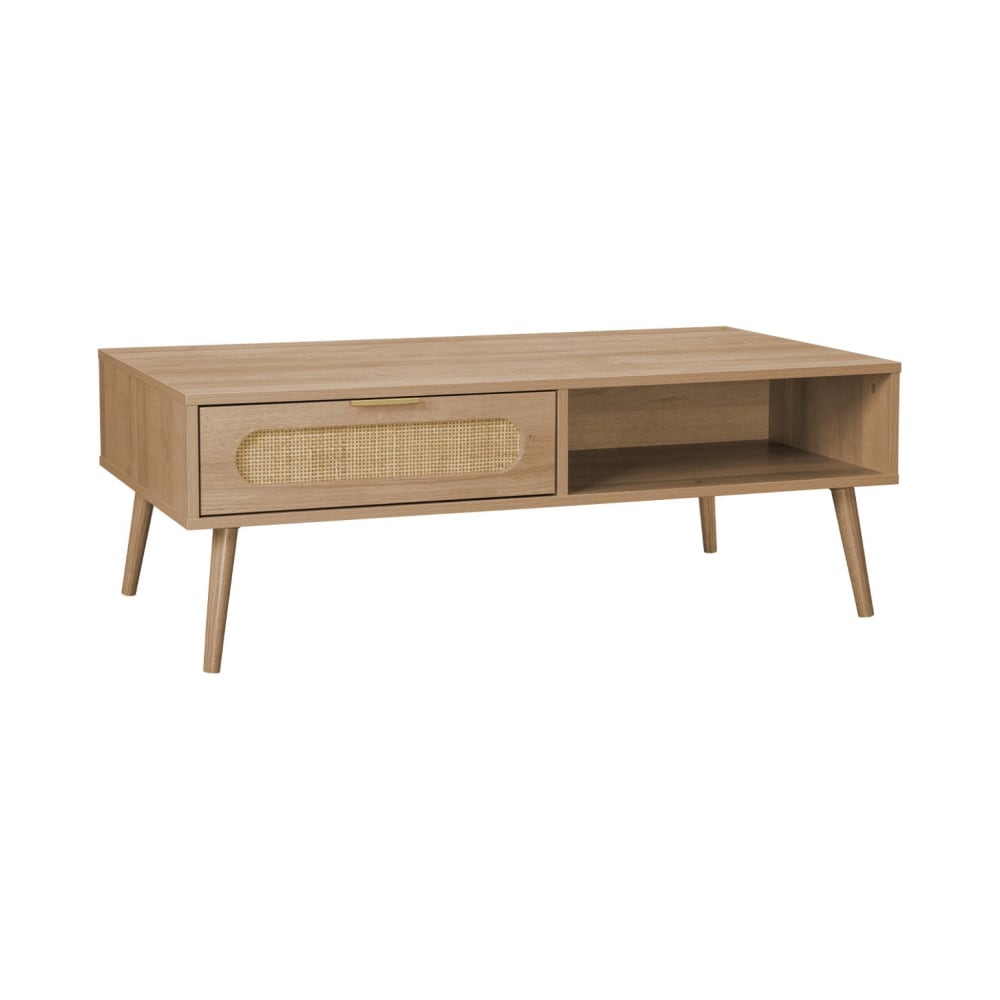 Table basse cannage arrondi, décor bois