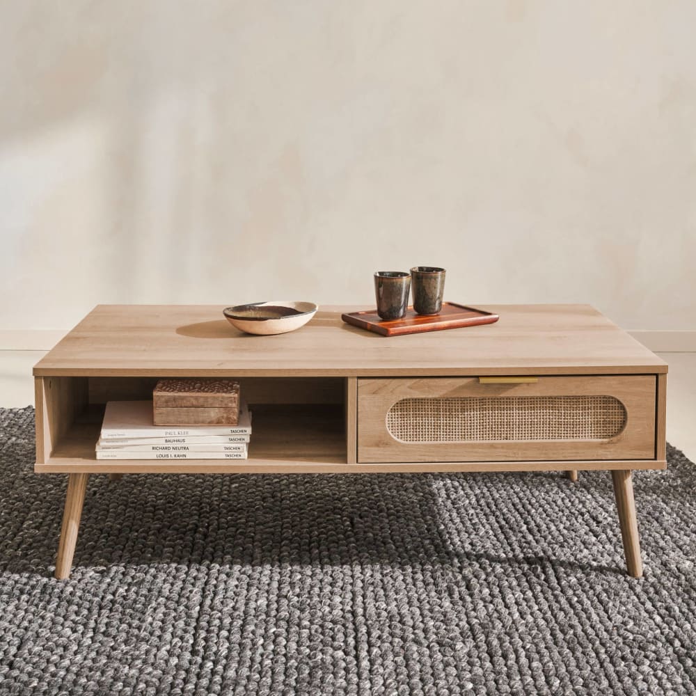 Table basse cannage arrondi, décor bois